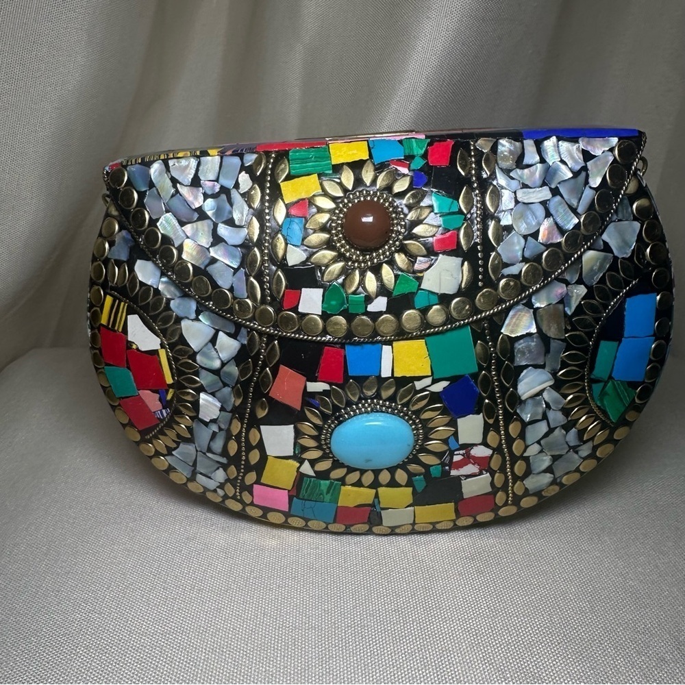 Ramla Mosaic Clutch Boho Stone Inlay Brass Purse Chain Strap Boho - Picture 2 of 9